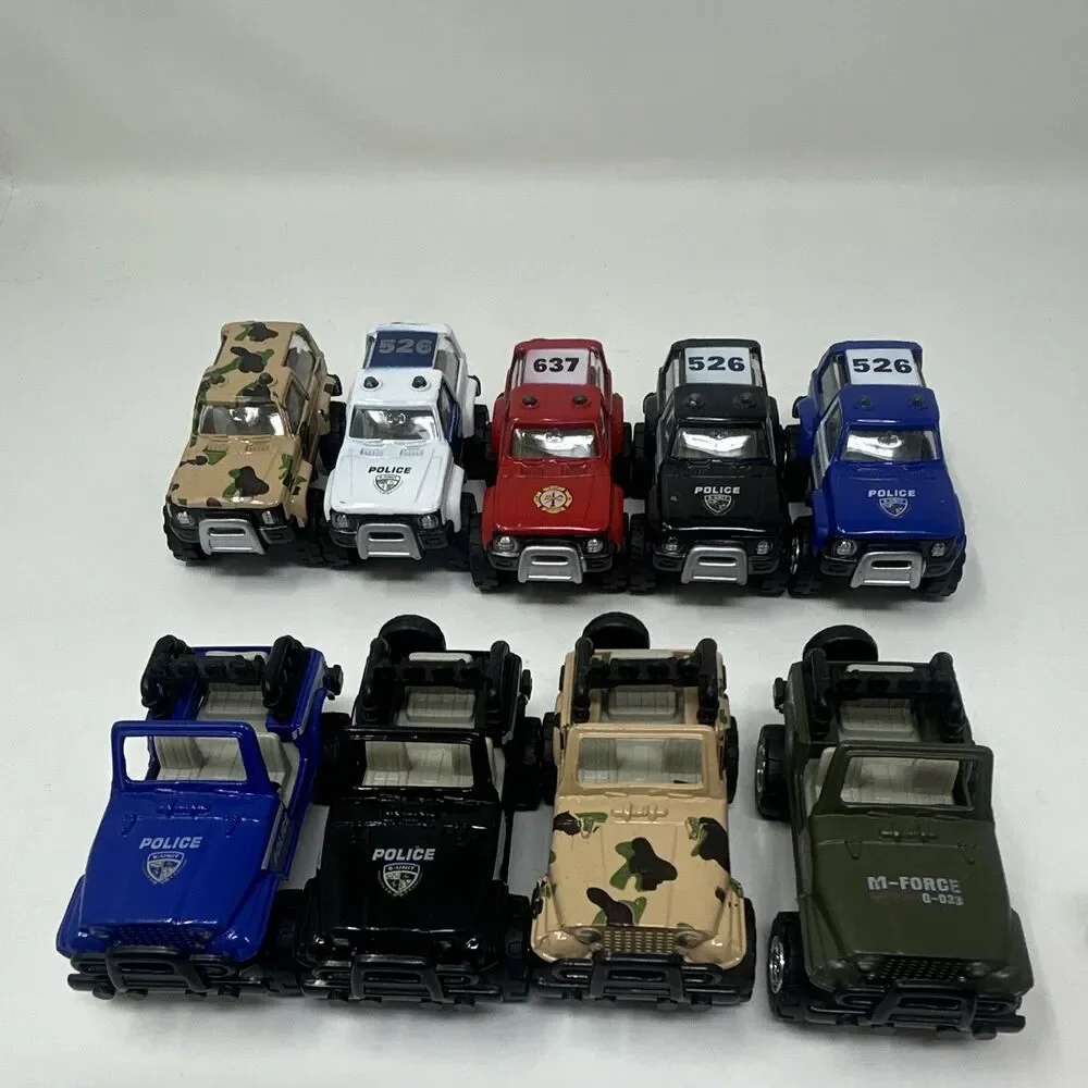 9-Piece Toy Truck Lot - Police & Military Off-Road Vehicles - Blue Black
